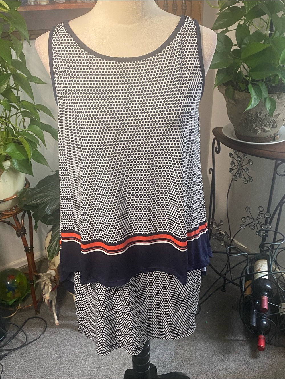 Max Edition Navy & White Polka Dot Layered Mini Dress with Red Accent